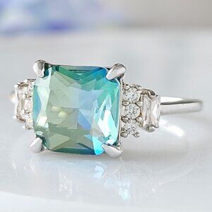 Blue & Teal Aquamarine Cushion Square Gemstone Ring, 925 Sterling Silver